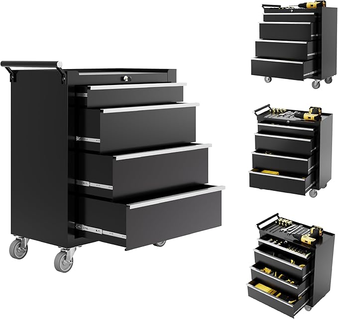 IDEALHOUSE Rolling Tool Chest, 4 Drawers Tool Storage Cabinet, Toolbox with Wheels, Portable Tool Cabinet Organizer with Locking System & Drawer Liners, Tool Storage Cart for Garage, Workshop, Black