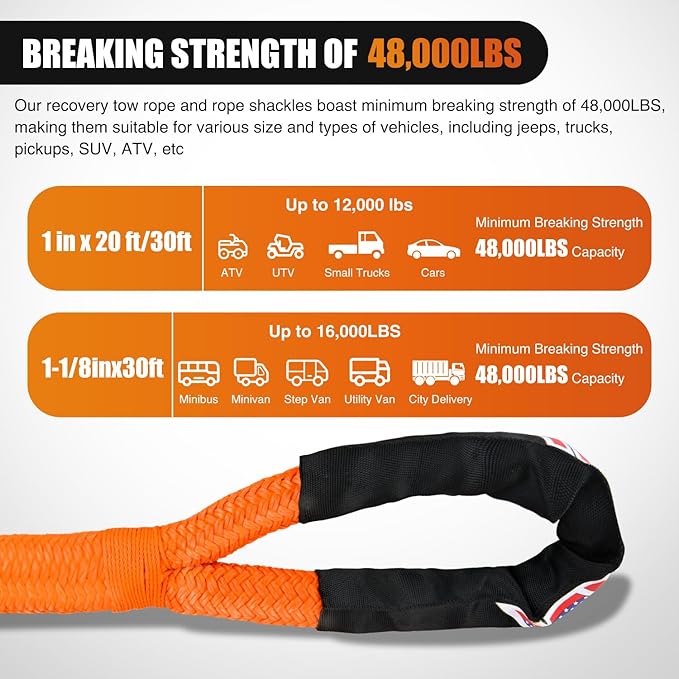 Nilight Kinetic Recovery Tow Rope Kit with 2 Soft Shackle 1-1/8inx30ftt Heavy Duty Offroad Tow Rope Snatch Strap Towing Strap kit 48,000LBS for UTV ATV SUV Truck Car Jeep Tractor