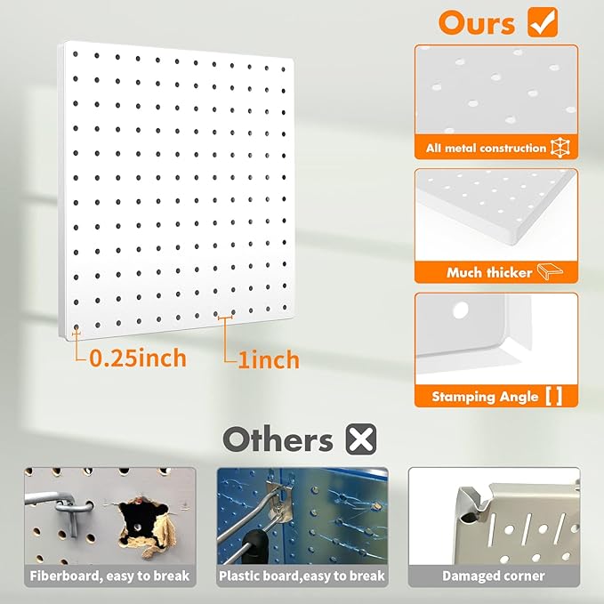 Peg Board, 6PCS Metal Pegboard, Heavy Duty pegboard Wall Organizer with Frame. White pegboard for Walls, Garage, Workbench, Craft Room Tool Organization, Metal peg Board Panels 12in*12in