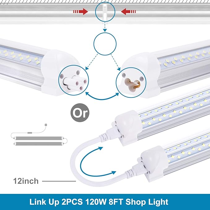 8FT LED Shop Light Fixture (12-Pack) - 120W Linkable T8 Tube Lights, 6000K Cold White, V-Shape Clear Cover - High Output Plug & Play Lighting for Garage, Warehouse, Workshop