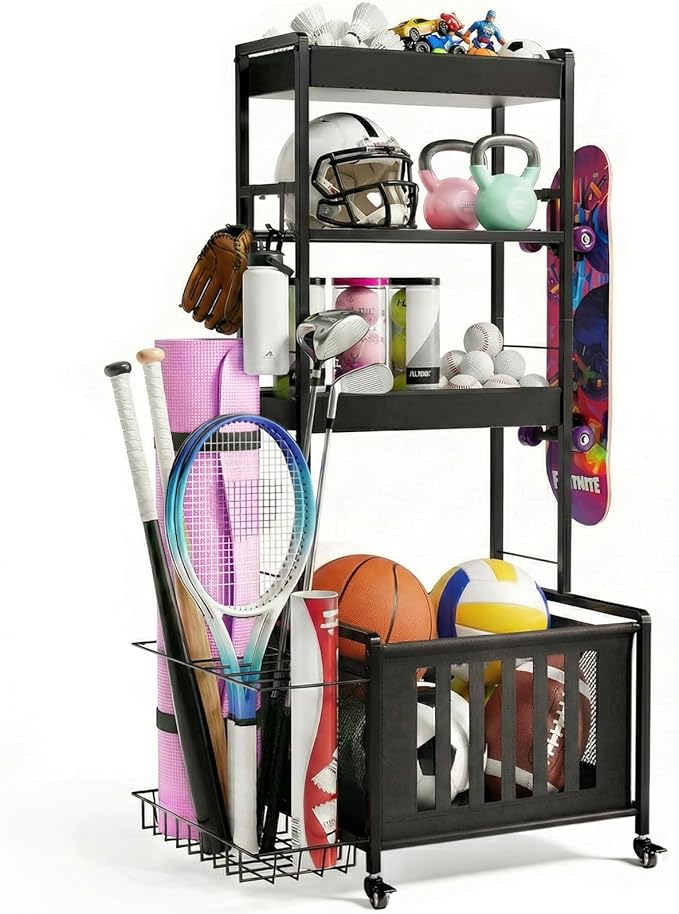 Faesun Sports Equipment Organizer, Ball Storage Rack for Garage, 4-Tier Indoor/Outdoor Rolling Ball Carts with Wheels for Toy Sports Gear Storage, Black