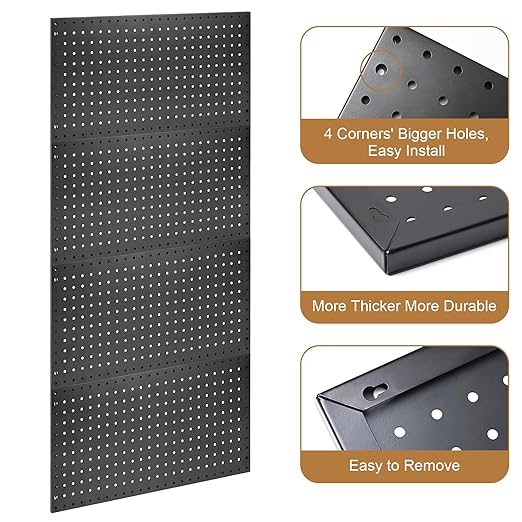 NectaCol 4 Packs 24"x12" Pegboard Wall Organizer, Metal Pegboard Panels Tool Organizer, Pegboard Storage System for Shop, Workbench, Black Metal Peg Boards for Walls