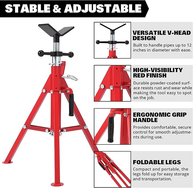 Heavy-Duty Pipe Jack Stand V-Head Bracket Load Capacity 2500 LBS Suitable for 1/8“ to 12” Pipes 24“ to 42” Adjustable Height Folding Legs for Welding Threading Hole Cutting