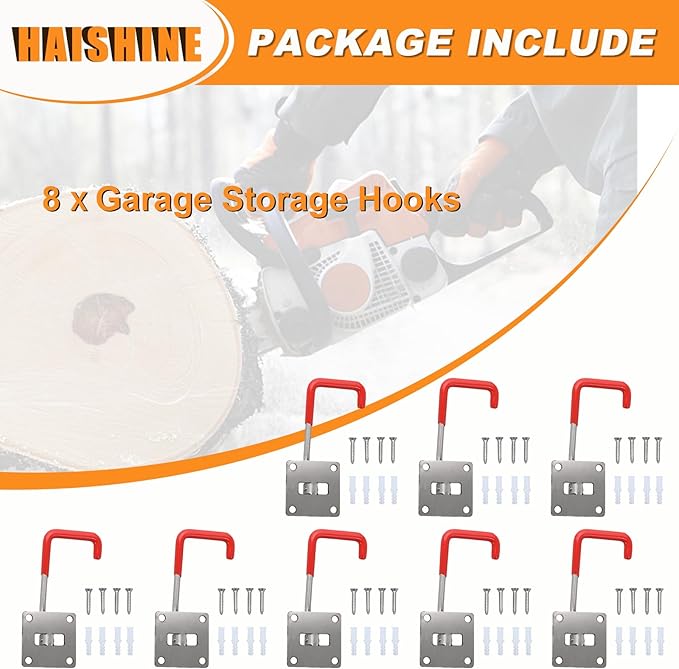 HAISHINE Garage Hooks, 8 Pack Adjustable Hooks for Wall Storage, Stainless Steel Heavy-Duty Utility Hooks with Anti-Slip Coating Organizing for Chainsaws, Bike, Garden Tools(Screws and Dowels Include)