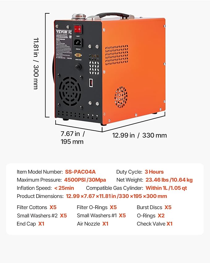 VEVOR PCP Air Compressor, 4500PSI/30Mpa Portable PCP Airgun Compressor - Built-in Water and Fan Cooling System, Auto-Stop | DC12V/AC120V Paintball Tank Compressor for Air Rifle, Scuba Diving Bottle