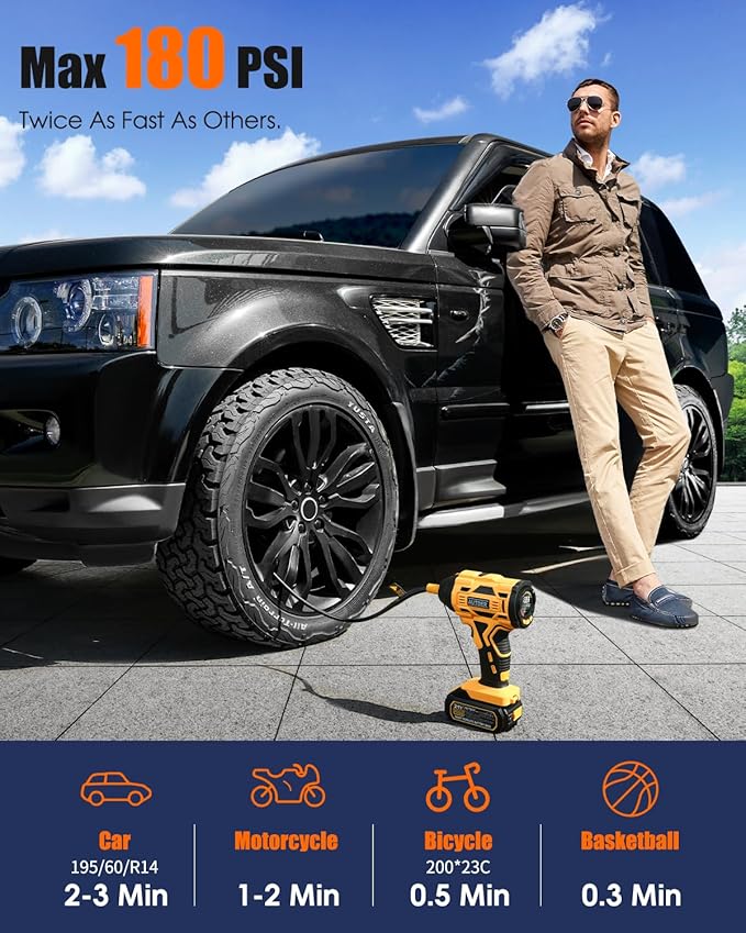 AUTDER Cordless Tire Inflator, 180PSI Portable Air Compressor with 21V Rechargeable Battery & 12V DC Car Adapter, Fast Inflation Digital Pump for Cars, Motorcycles, Bikes & Sports Balls - Black Yellow