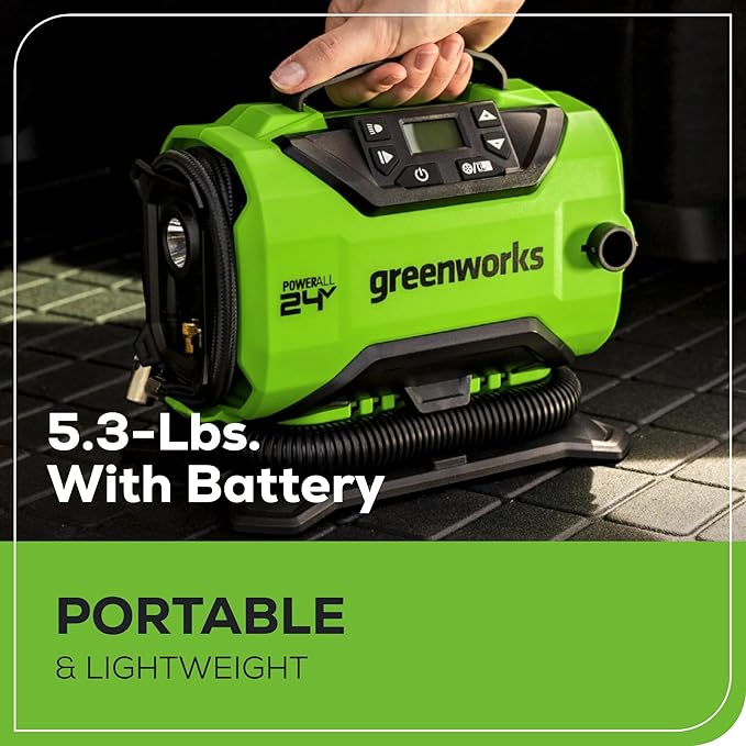 Greenworks 24V Cordless Tire Inflator, 160 PSI Portable Air Compressor, 2 Power Sources, Auto Shut Off, for Car, Bicycle, Motorcycle, Air Boat, Inflatables With 2.0 Ah Battery & 2A Fast Charger