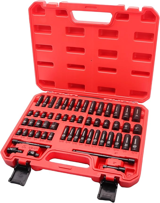 SONIGEKOSocket Set 1/4" Drive Impact Socket Set,55-Piece 6 Point Deep,Standard SAE and Metric CR-V Steel Sockets with extension bars: 2",4",6",Universal Joint, Adapter (1/4" 55 PCS SAE & Metric)