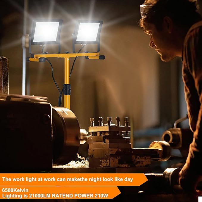 LED Work Lights with Stand, 21000 Lumen, 2-Head Adjustable Work Light, Waterproof Foldable Tripod, 6,500 Kelvin, Extended Cord for Outdoor & Indoor Job Sites, Workshops, Construction, Garage Lighting