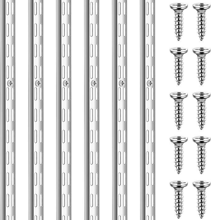 MorningRo 6 Pcs Dual Track Upright Wall Shelving System Heavy Duty Support System Twin Slot Shelf Rail Shelf Standards for Pantries Linen Closets Laundry Rooms(Silver,47.5 Inch)