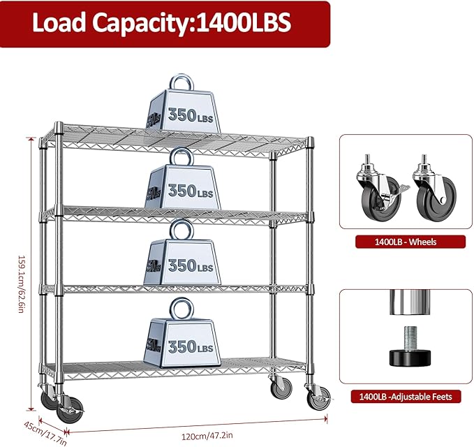IZEUK 4-Tier Heavy Duty Metal Wire Shelving Unit, Adjustable Storage Rack Organizer for Garage, Kitchen, Office, Pantry, Warehouse (Chrome, 17.7" D x 47.2" W x 59.1" H)