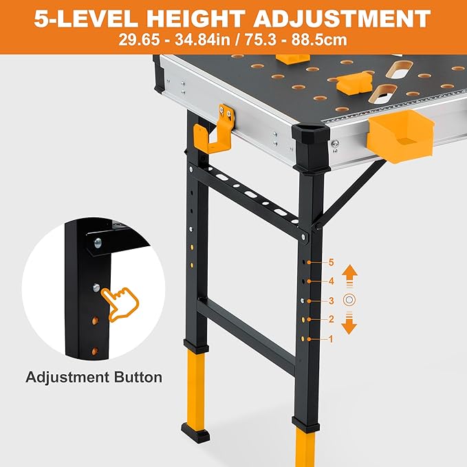 WORKESS Portable Workbench 1000Lbs Capacity 2026 Upgraded Adjustable 5 Level Height Heavy Duty Folding Work Table with 2 Quick Clamps, 4 Bench Dogs, 3 Tool Boxes for Garage Easy Storage