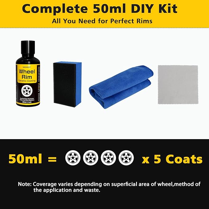 NADAMOO Wheel Rim Ceramic Coating Kit 50ml, High-Heat Resistant Hydrophobic Protection, Gloss Finish, Self-Cleaning, Repels Brake Dust & Dirt, Ceramic Protection for Alloy Rims