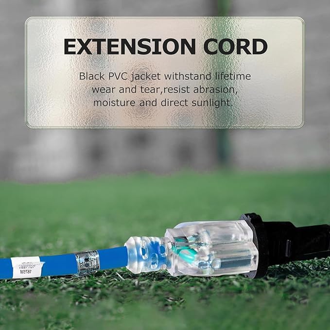 YOJOE Indoor Outdoor Extension Cord with Lighted End, 3 Prong 15A Weatherproof Power Cord, 12 Gauge Heavy Duty 10 ft Blue Extension Cord for Garage, Garden and Home, 12/3 SJTW UL Listed