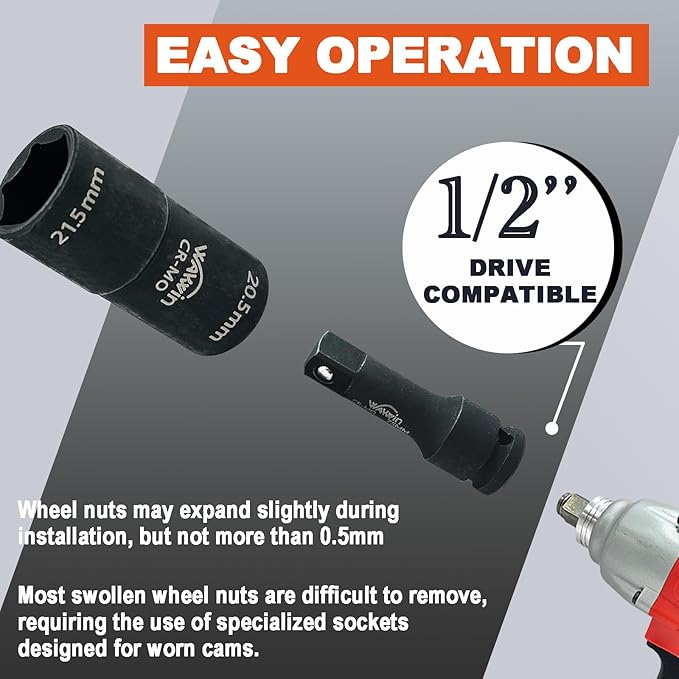 2-1 Double Ended Damaged Wheel Nut Socket 1/2-Inch Impact Socket Wall Impact Flip Socket 20.5 × 21.5 mm