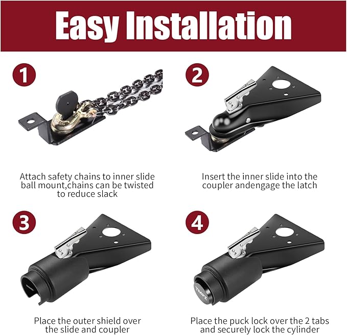 TMPZ Upgraded Heavy Duty Steel Trailer Hitch Lock for Most 2 Inch Couplers – Coupler Lock Secures Safety Chains, Anti-Theft Weatherproof Protection for RV, Pickup, Camper & Utility Trailers (Black)