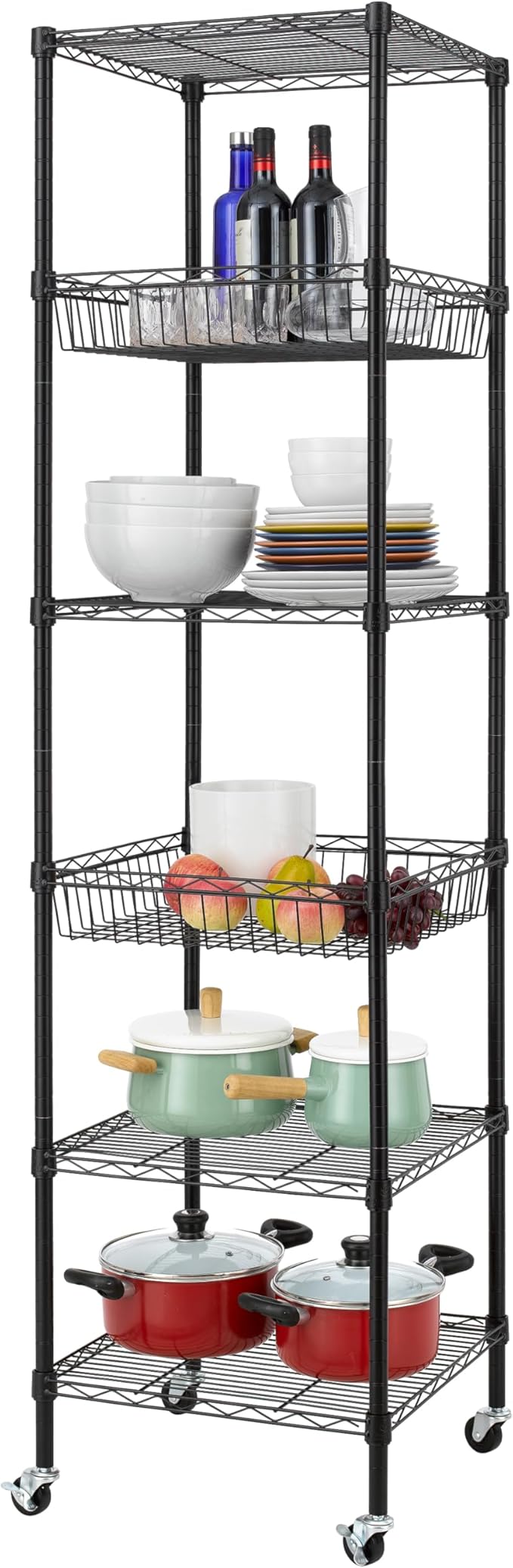 Finnhomy Heavy Duty 6 Tier Wire Shelving Unit with Wheels 18x18x72-inches 6 Shelves Metal Storage Rack Thicken Steel Tube, Adjustable Shelving Rack for Kitchen Bathroom Office, NSF Certified, Black