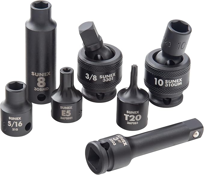 SUNEX Tools 80 Piece 3/8 in. Drive Master Impact Socket Set, Universal, Star, External Star, Extensions, Universal Joint, SAE and Metric, 8mm to 19mm and 5/16 in. to 3/4 in., CR-MO Steel, Model 3580