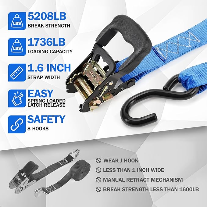 Heavy Duty Ratchet Straps with Hook - 1.6 Inch x 8 FT (5208 LB Break Strength) Tie Down Straps with S Hooks & Soft Loops, for Trucks, Cargo, Moving and Appliances（Blue/4 Pack）