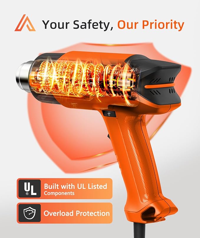 Heat Gun with 6 Precise Temperature Settings 100-600°C (212-1112°F) Fast Heating Hot Air Gun with 2 Settings Control, Speed-Up Cooling, Compact & Lightweight Design