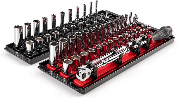 TEKTON 1/4 Inch Drive 6-Point Socket and Ratchet Set with Rails and Trays, 57-Piece (5/32-9/16 in., 4-15 mm) | SKT03301