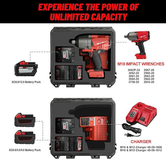 Case for Milwaukee M18 Impact and Torque Wrench - Waterproof Hard Tool Bo, Power Tool Combo Kit Bag for Milwaukee 2/1 3/4 3/8 Cordless Torque Wrenches/Battery/Charger (Case Only)
