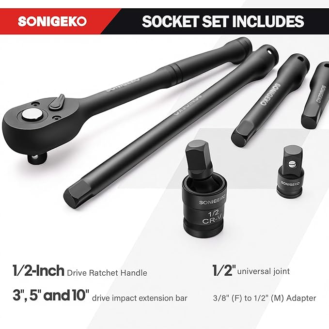 1/2" Drive Impact Socket Set,66-Piece 6 Point Deep&Standard, CR-V Steel Sockets with Drive Ratchet Handle, extension bar (Metric and SAE, 1/2" Socket Sets, 66pcs)