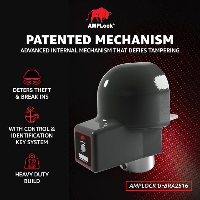 AMPLock - U-BRA2516 Heavy Duty Trailer Coupler Lock, 2 5/16" Trailer Hitch Lock for RV, Trailer Ball Lock, Anti-Theft Coupler Ball Lock, Round Edge Collar Lock Design, Push-to-Lock Security System