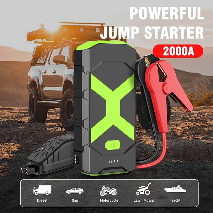 BOOKOO Jump Starter 2000A for Car,Boat,Lawnmower 8.0L Gas&6.5L Diesel Engines Portable 12V Car Battery Jump Starter with Cables,Wall Charger,USB 3.0 Fast Charging,16V DC Output,3 LED Modes