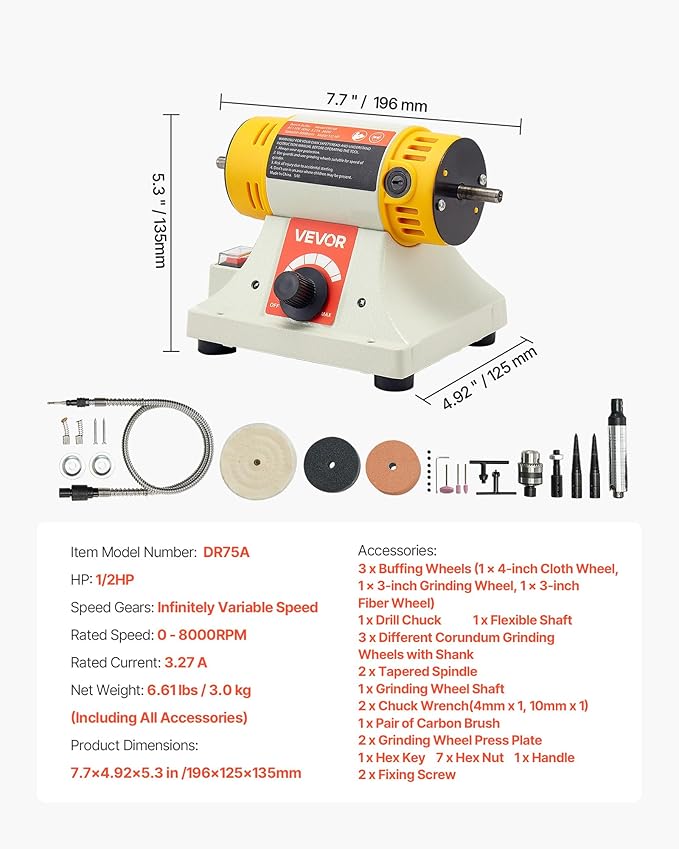VEVOR Bench Buffer Polisher, 1/2HP Polishing Buffing Machine, 0 to 8000RPM Benchtop Polisher Grinder with 4" Cloth Wheel, 3" Grinding Wheel & 3" Fiber Wheel for Metal, Jewelry, Wood and Plastic