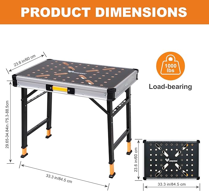 WORKESS Portable Workbench 1000Lbs Capacity 2026 Upgraded Adjustable 5 Level Height Heavy Duty Folding Work Table with 2 Quick Clamps, 4 Bench Dogs, 3 Tool Boxes for Garage Easy Storage