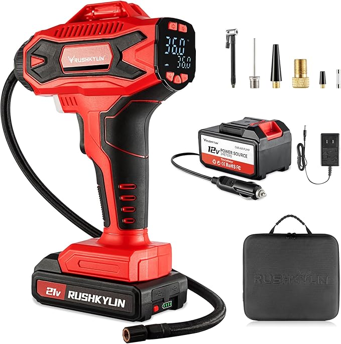 Cordless Tire Inflator Portable Air Compressor, 160PSI Air Pump with 21V Rechargeable Battery Powered, Digital Pressure Gauge, Built in LED Lights, Handheld Air Compressor For Cars
