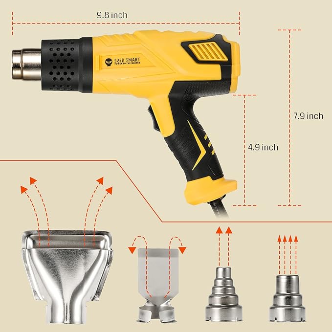 SainSmart Heat Gun, 1800W, Variable Temperature Control 120 °F-1202 °F, Fast Heat Hot Air Gun Soldering, with 4 Nozzles for Crafts, Epoxy Resin, Shrinking tubes, Stripping Paint, and Shrink Wrapping