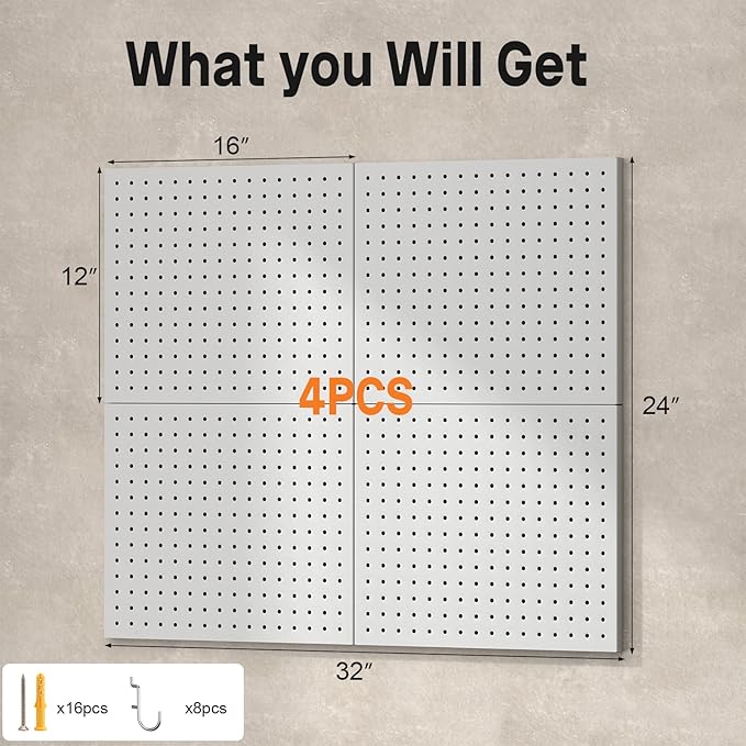 IRONFFICE Pegboard,Metal PegBoard Panels,Steel Wall Pegboard with 8 Pieces Hooks,Metal Peg Board Wall Organizer for Office,Crafts Organization, Ornaments Display,Grey