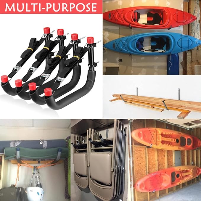 Heavy Duty Garage Storage Hooks, 13 Inch Arm Large Wall Mount Hanger with EVA Protector, Naikozmo Garage Racks & Organizer for Ladders, Folding Chairs, Kayak, Surfboard, Garden Tool Black + Red