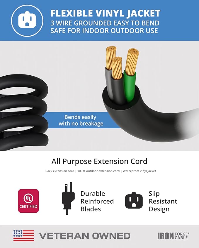 Iron Forge Cable 100 Ft Black Extension Cord, 16/3, 100 Foot Extension Cord, 3 Prong, Weatherproof - Great for Outside Use