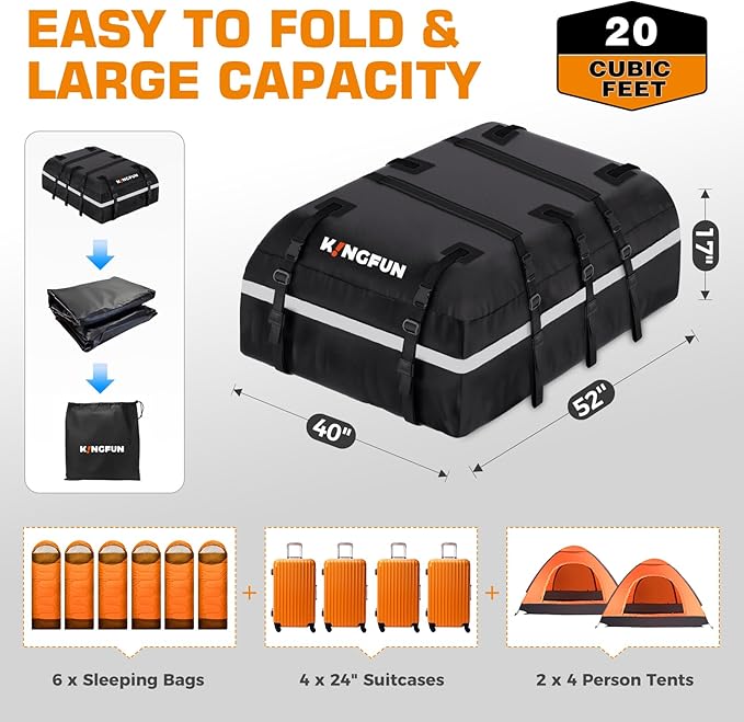 Car Rooftop Cargo Carrier Bag, Waterproof 20 Cubic Feet Car Roof Luggage Carrier for All Vechicles with/Without Racks, Includes Anti-Slip Mat, 8 Reinforced Straps, 6 Door Hooks, Luggage Locks (Black)