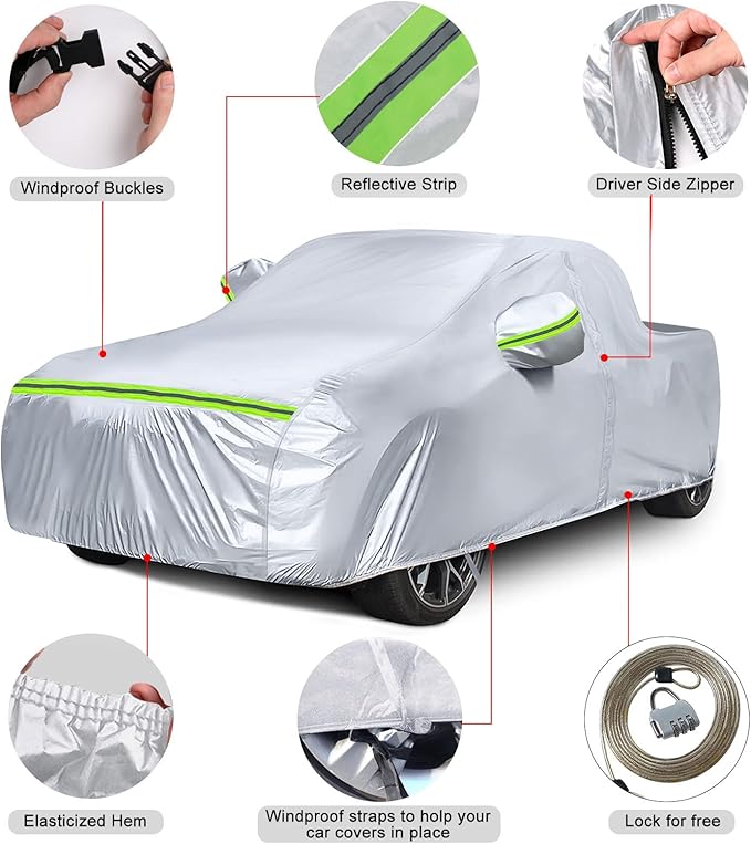 Waterproof Car Covers Replace for 2021-2025 Ford Maverick, 6 Layers Silver All Weather Car Cover with Zipper Door & Windproof Bands for Snow Rain Dust Hail Protection