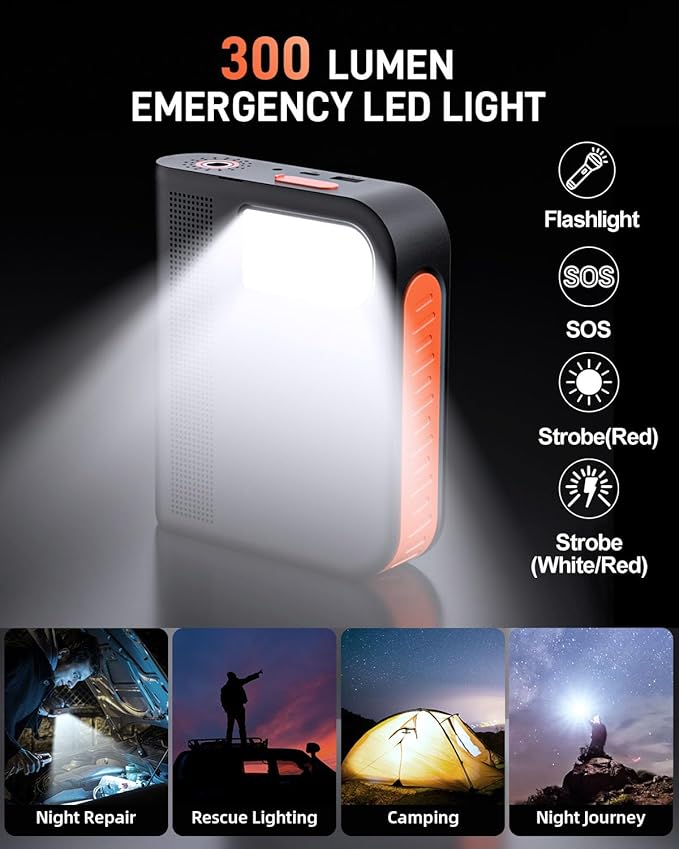 Battery Jump Starter with Air Compressor for Car, 10000mAh Portable Power Pack 150PSI Tire Inflotor, USB Charge, LED Light, for All Gas and Up to 8L Diesel Engines Jumper Box