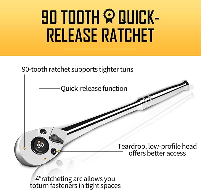 boen 1/2-Inch Drive Ratchet, 90-Tooth Quick-Release Ratchet Wrench, 4-Degree Swing, Reversible, Chrome Alloy Made, Full Polished