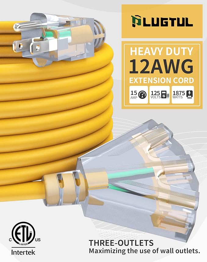 10Ft 12 Gauge Outdoor Extension Cord with 3-Outlets, Heavy Duty 3 Prong Extension Cord Waterproof with Lighted end, 15A SJTW, ETL Listed, Yellow