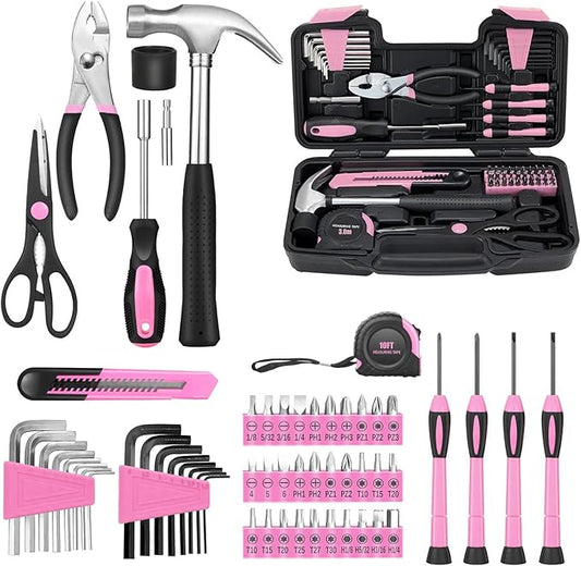 58-Piece household tool Set for home, General Household Hand Kit for home with Storage Toolbox, All Purpose Small Basic Tool kit for Women, Girls and Ladies,Pink