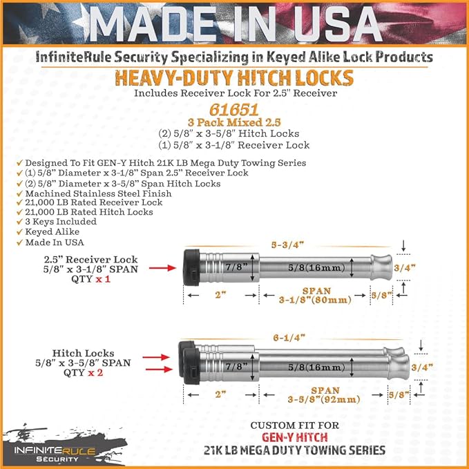61651 | 3 Pack Mixed 2.5, Keyed Alike, Hitch Locks for Gen-Y Hitch 21K LB Mega Duty Series - Includes Lock for 2.5" Receiver
