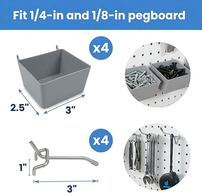 Pegboard Bins and Hooks Set, 4 Pack Open Front Storage Bins with 2 Inch Hooks, Small Parts Organizer Add-On for Screws, Nails, Tools, Garage Workshop Wall Storage