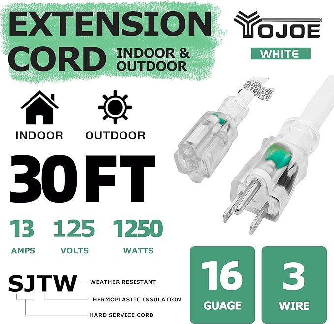 YOJOE Indoor Outdoor Extension Cord with Lighted End, 3 Prong 13A Weatherproof Power Cord, 16 Gauge Heavy Duty 30 ft White Extension Cord for Garage, Garden and Home, 16/3 SJTW UL Listed