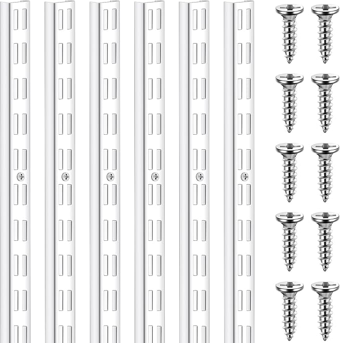 MorningRo 6 Pcs Dual Track Upright Wall Shelving System Heavy Duty Support System Twin Slot Shelf Rail Shelf Standards for Pantries Linen Closets Laundry Rooms(White,47.5 Inch)