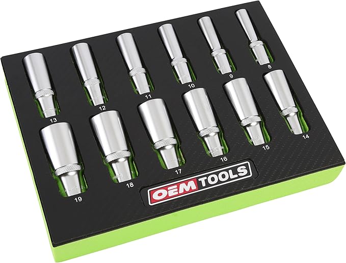 OEMTOOLS 23981 12 Piece Deep Socket Set 3/8, Deep Well Socket Set Metric 8mm-19mm, Heat-Treated Alloy Steel Sockets, Hard Chrome Finish, EVA Foam Tray