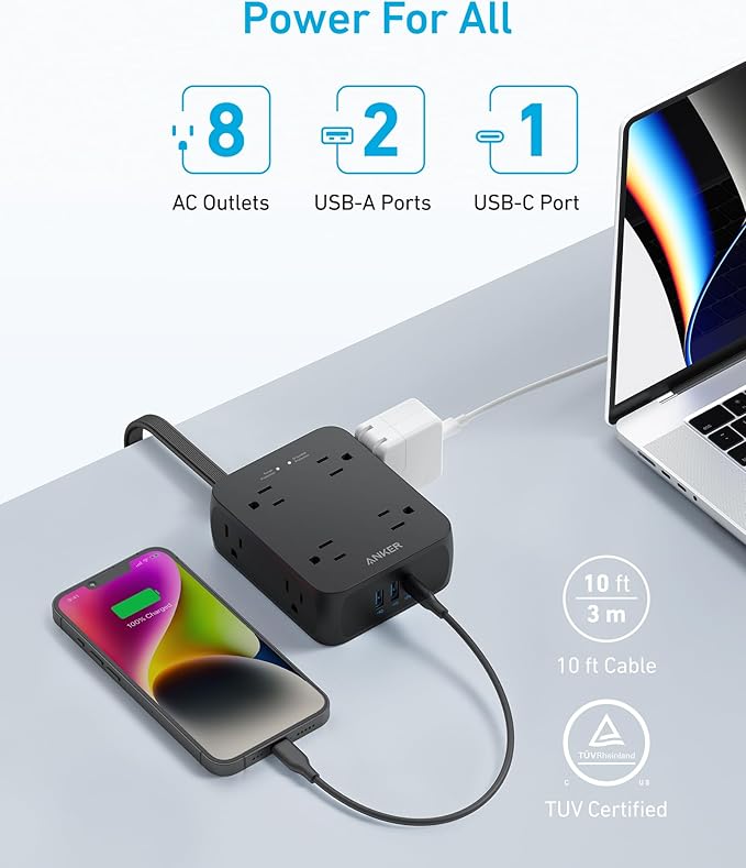Anker Surge Protector Flat Plug Power Strip 2000J, 10ft Thin Extension Cord, 8 Outlets,2 USB A and 1 USB C Port,20W for iPhone15,Wall Mount,Compact for Home,Office,Room,TUV Listed (Pack of 2)