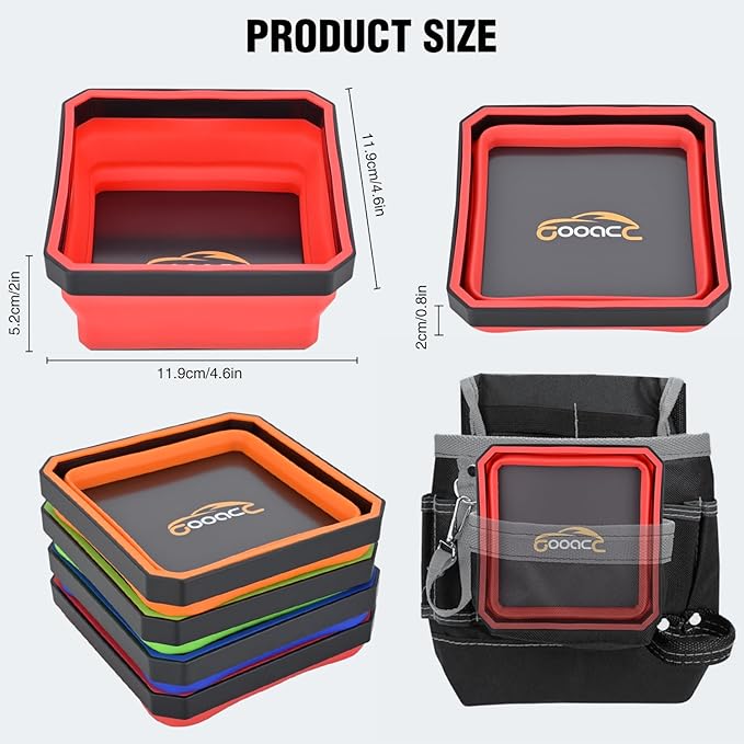 GOOACC 4 Pcs Square Collapsible Magnetic Parts Tray Set Multiple Colors Silicone Foldable Tool Trays Organizer for Screws Bolts Nuts Pins Washers and Other Small Metal Parts Double Sided Magnet Base