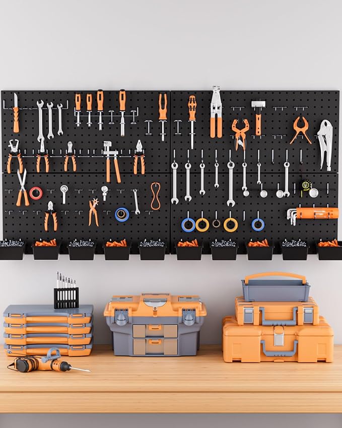 INCLY 158PCS Metal Pegboard Wall Organizer, 48x24 Inch Black Pegboard Panels Tool Organizer Kit with Accessories Hooks and Bins, Peg Board Utility Tool Storage for Garage Workbench Shed